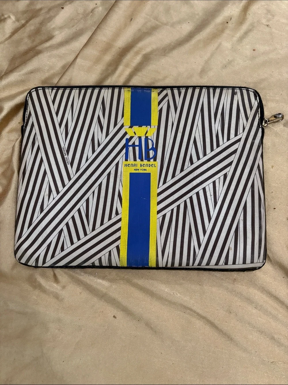 Vintage Henri Bendel Black & White Striped Zip Pouch with Blue and Yellow Stripe